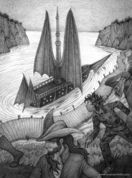 boat - black and white illustration for fantasy children's book by sara marchetto